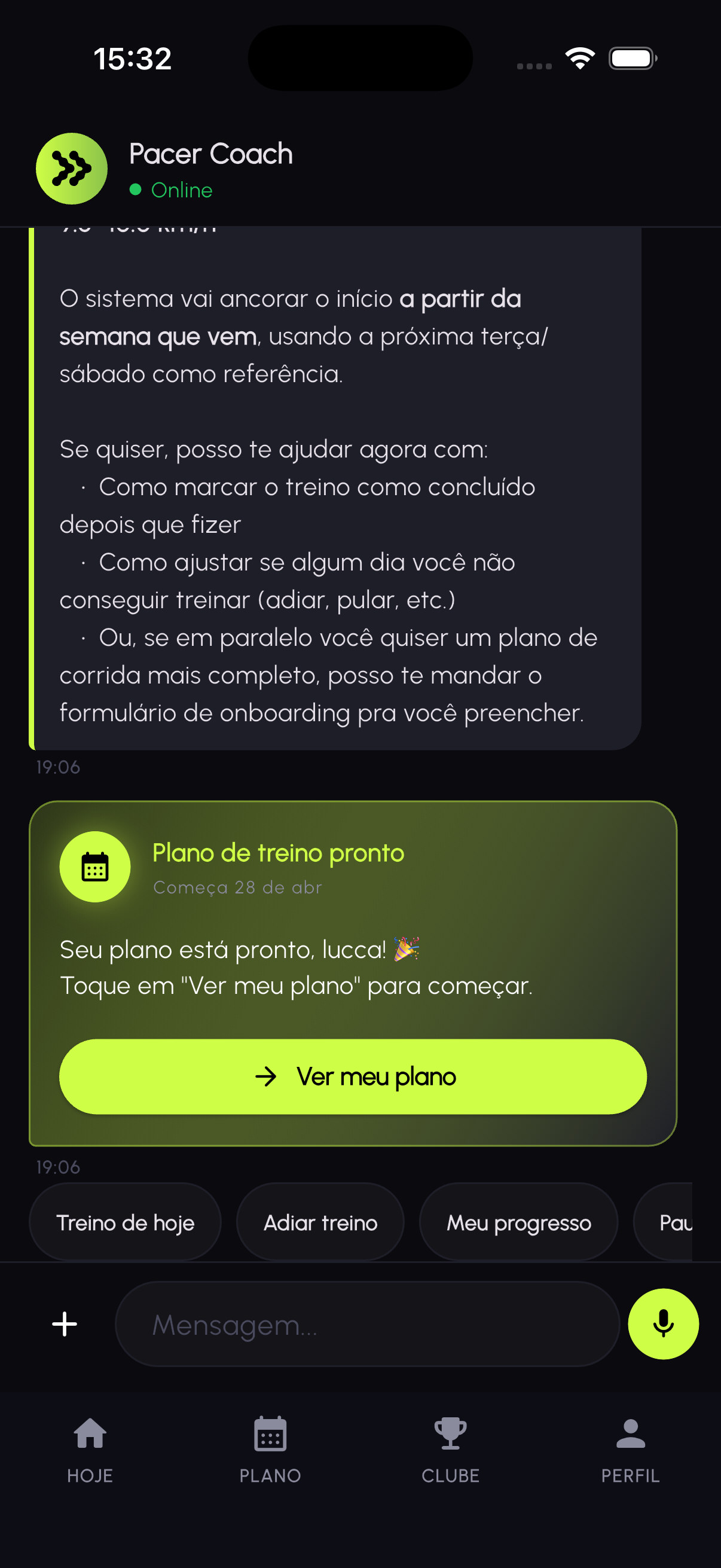Tela Chat do app Pacer