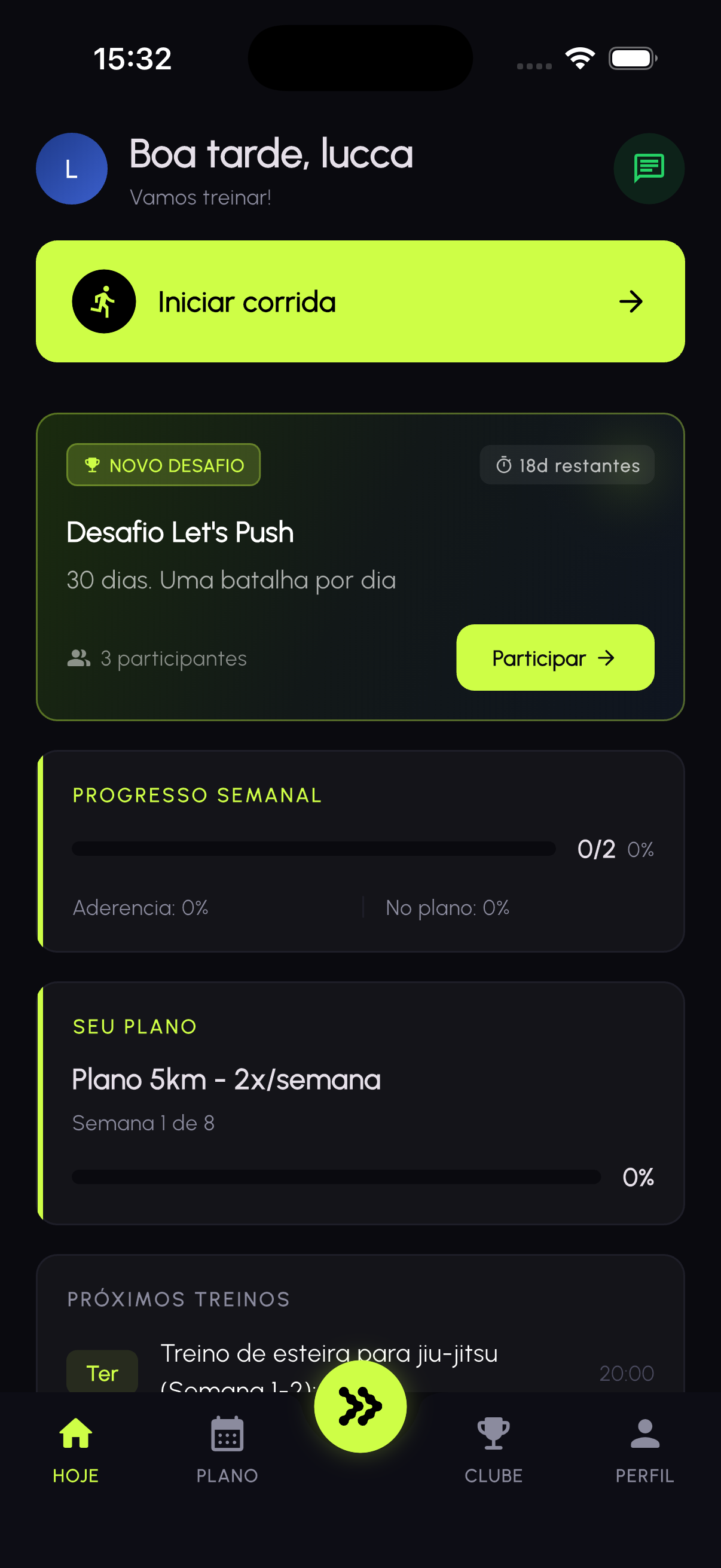 Tela Home do app Pacer