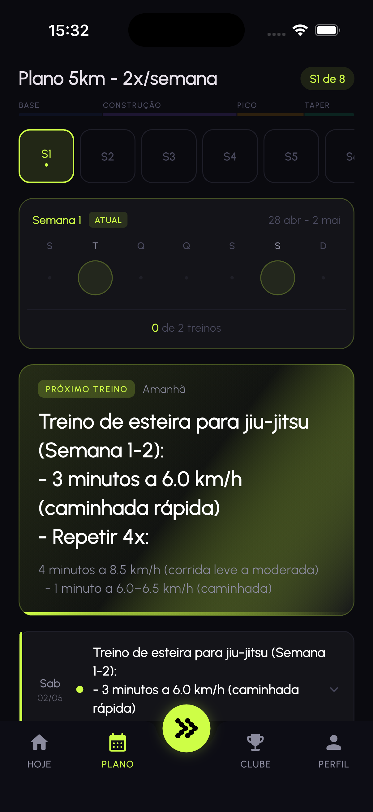 Tela Plano do app Pacer